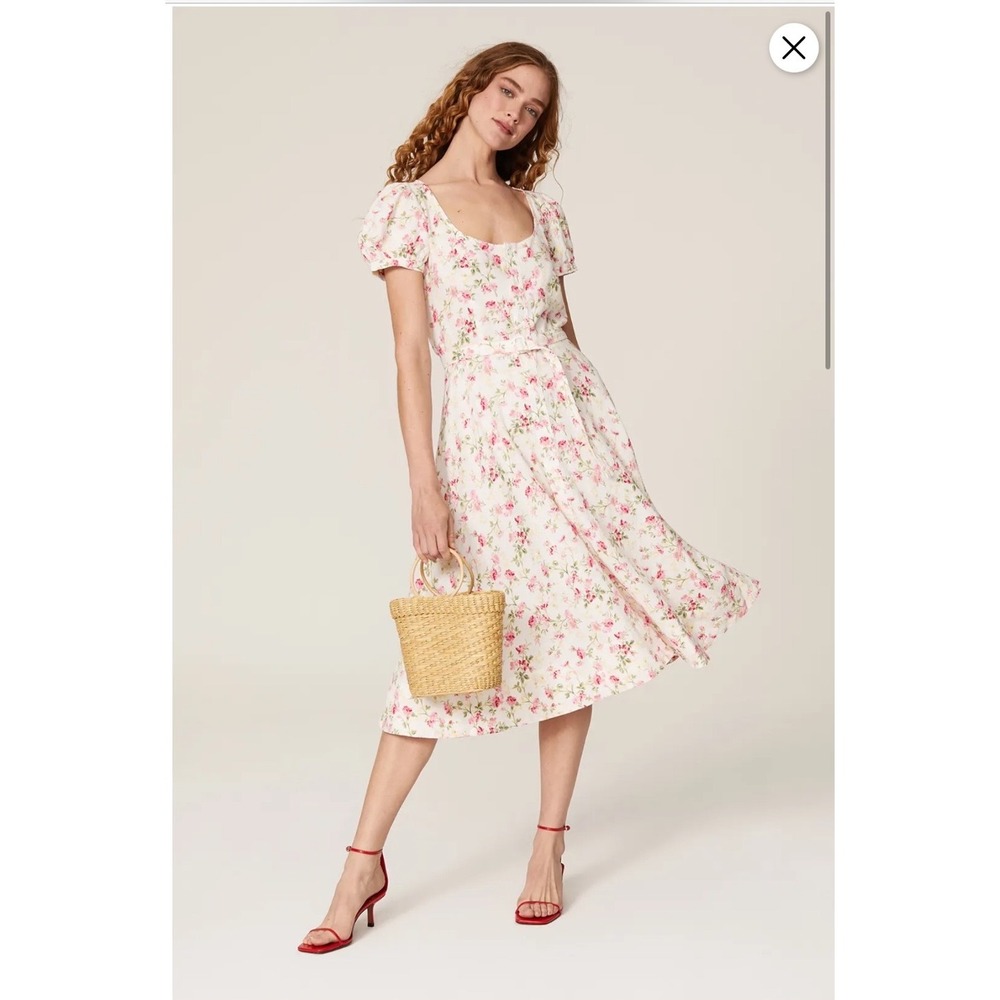 Polo Ralph Lauren Elizabeth Linen Floral Midi Dress‎ 10 Cottagecore Puff Sleeve